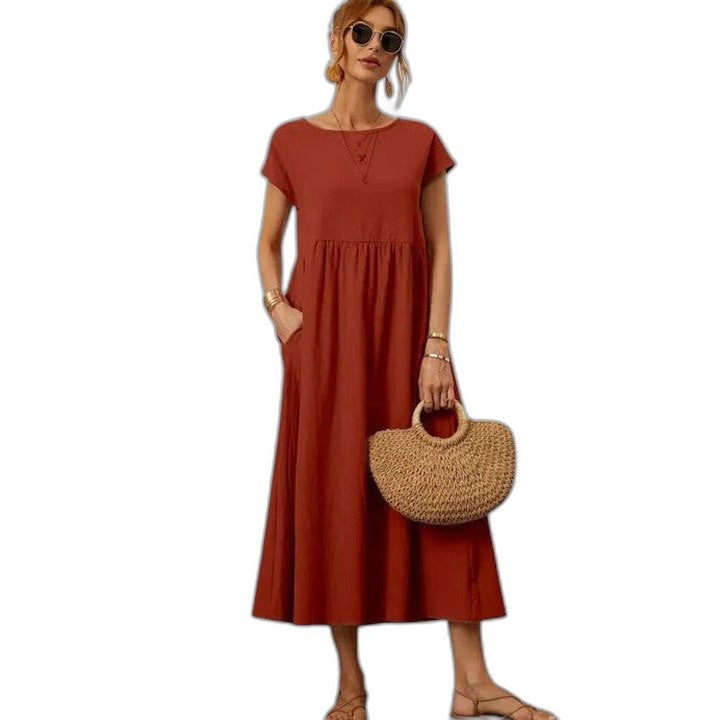 Effortless Navy Maxi Dress for Women with Crew Neck Short Sleeve Tiered Flowing Pockets Casual Style