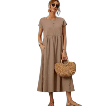 Effortless Navy Maxi Dress for Women with Crew Neck Short Sleeve Tiered Flowing Pockets Casual Style