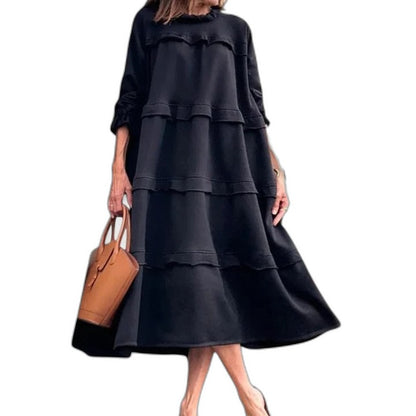 Effortless Navy Midi Dress for Women with High Neck Long Sleeve A Line Tiered Casual Style