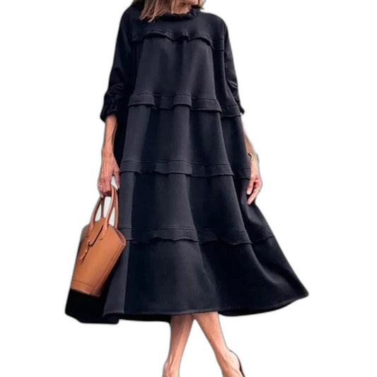 Effortless Navy Midi Dress for Women with High Neck Long Sleeve A Line Tiered Casual Style