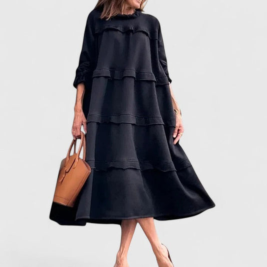 Effortless Navy Midi Dress for Women with High Neck Long Sleeve A Line Tiered Casual Style