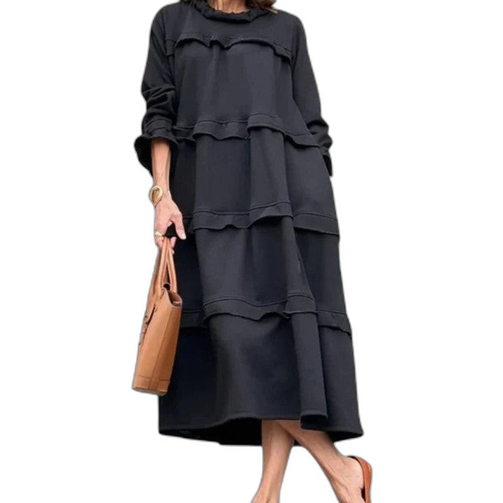 Effortless Navy Midi Dress for Women with High Neck Long Sleeve A Line Tiered Casual Style