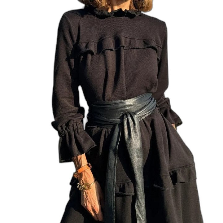Effortless Navy Midi Dress for Women with High Neck Long Sleeve A Line Tiered Casual Style