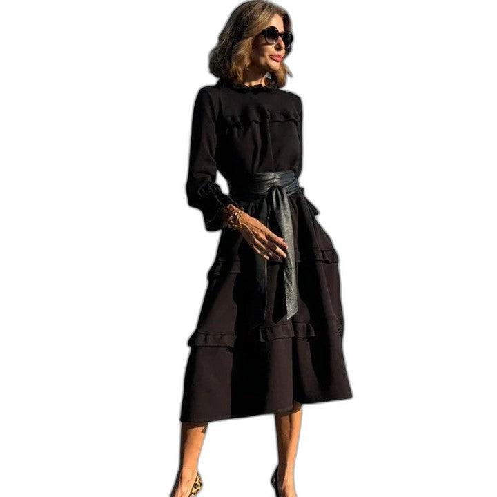 Effortless Navy Midi Dress for Women with High Neck Long Sleeve A Line Tiered Casual Style