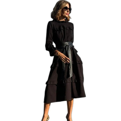 Effortless Navy Midi Dress for Women with High Neck Long Sleeve A Line Tiered Casual Style