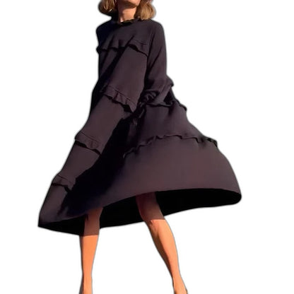 Effortless Navy Midi Dress for Women with High Neck Long Sleeve A Line Tiered Casual Style