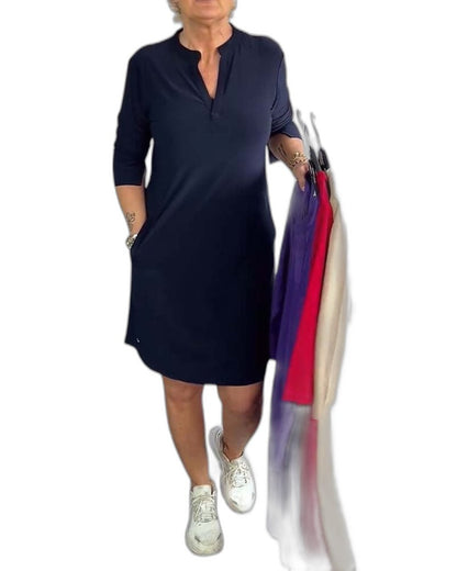 Effortless Navy Midi Dress for Women with V Neck Elbow Sleeve A Line Casual Style