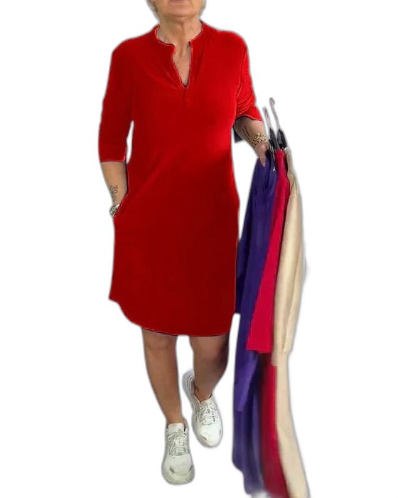 Effortless Navy Midi Dress for Women with V Neck Elbow Sleeve A Line Casual Style