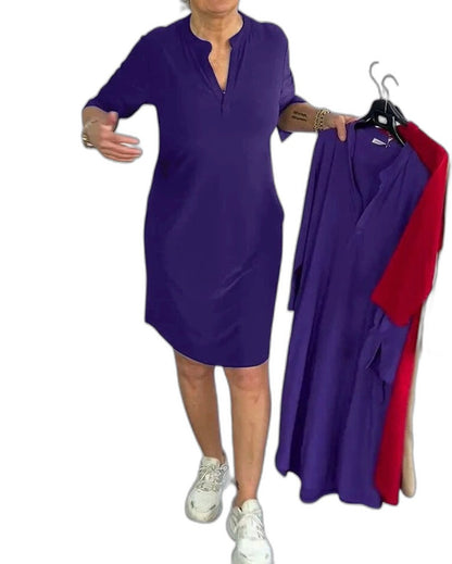 Effortless Navy Midi Dress for Women with V Neck Elbow Sleeve A Line Casual Style