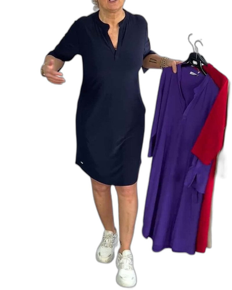 Effortless Navy Midi Dress for Women with V Neck Elbow Sleeve A Line Casual Style