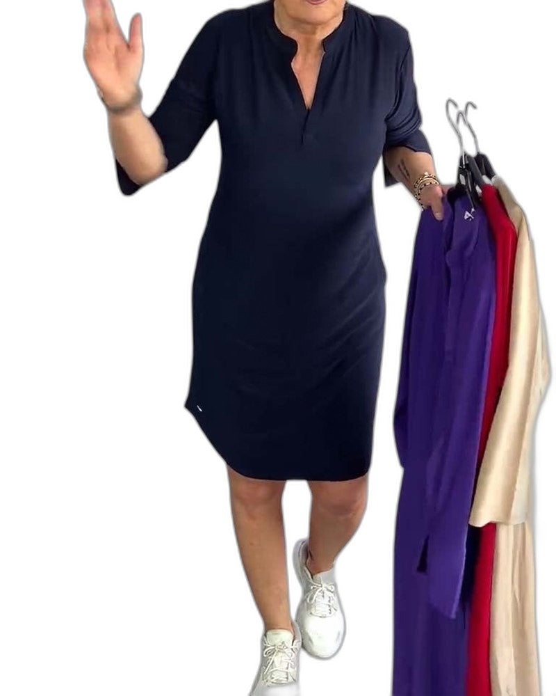 Effortless Navy Midi Dress for Women with V Neck Elbow Sleeve A Line Casual Style