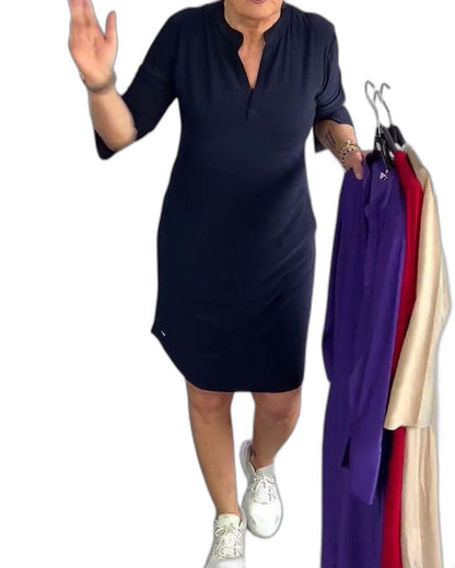 Effortless Navy Midi Dress for Women with V Neck Elbow Sleeve A Line Casual Style
