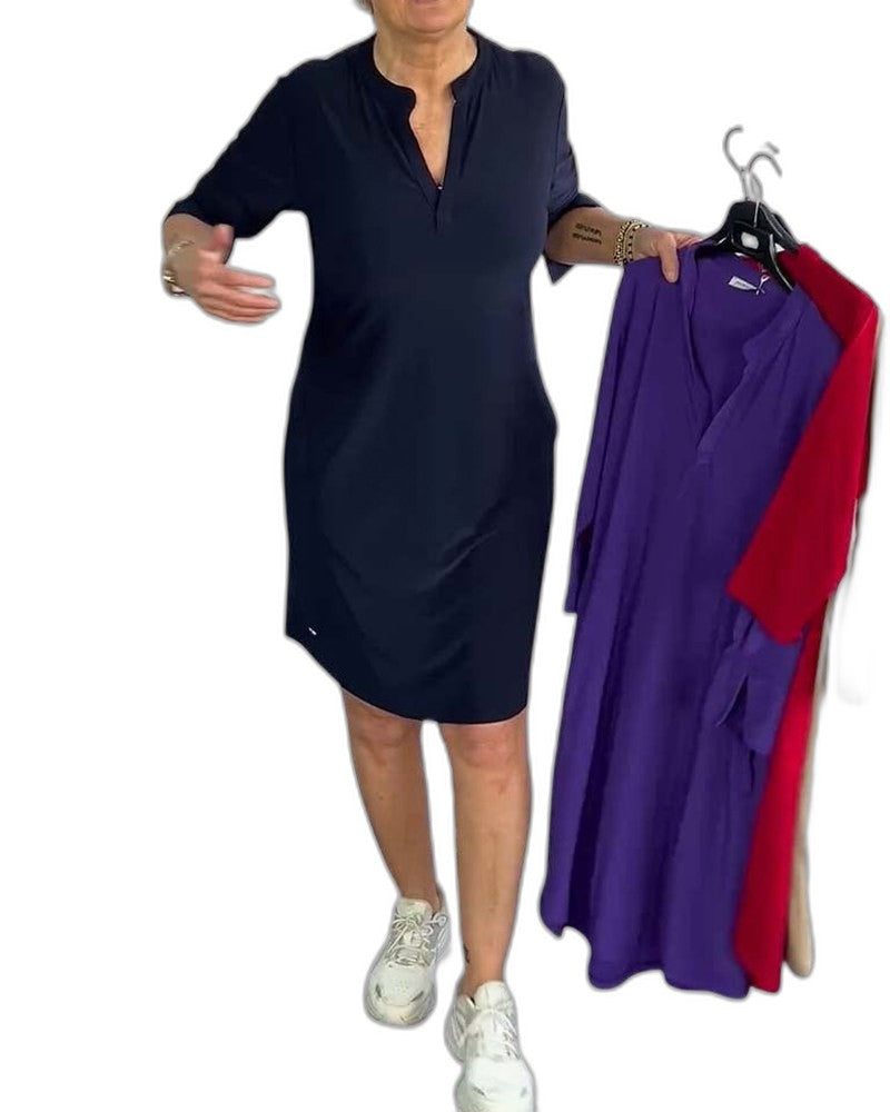 Effortless Navy Midi Dress for Women with V Neck Elbow Sleeve A Line Casual Style