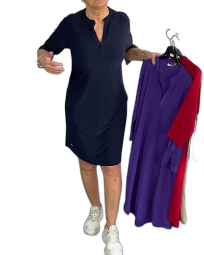 Effortless Navy Midi Dress for Women with V Neck Elbow Sleeve A Line Casual Style