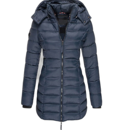 Effortless Navy Puffer Jacket for Women with Collared Long Sleeve Pockets Quilted Casual Style
