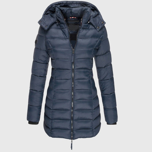 Effortless Navy Puffer Jacket for Women with Collared Long Sleeve Pockets Quilted Casual Style