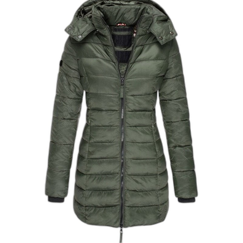 Effortless Navy Puffer Jacket for Women with Collared Long Sleeve Pockets Quilted Casual Style