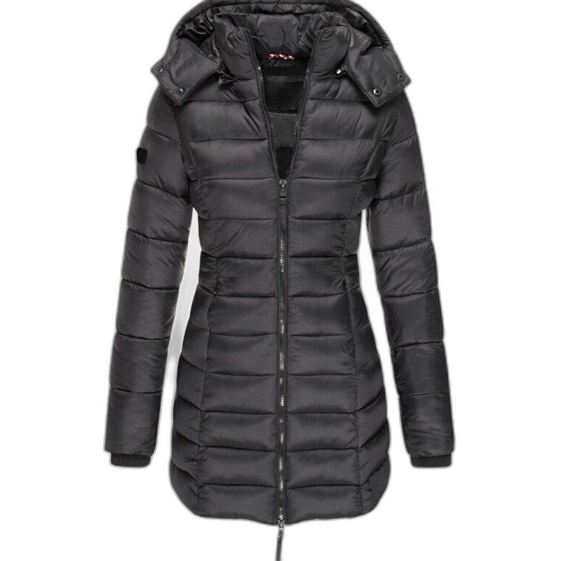 Effortless Navy Puffer Jacket for Women with Collared Long Sleeve Pockets Quilted Casual Style