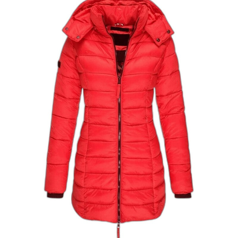 Effortless Navy Puffer Jacket for Women with Collared Long Sleeve Pockets Quilted Casual Style