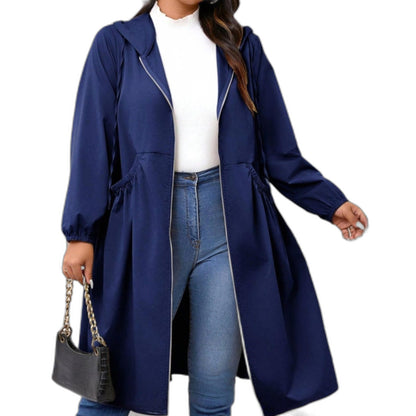 Effortless Navy Trench Coat for Women with Collared Long Sleeve Belted Drawstring Zip Up Casual Style