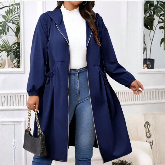 Effortless Navy Trench Coat for Women with Collared Long Sleeve Belted Drawstring Zip Up Casual Style