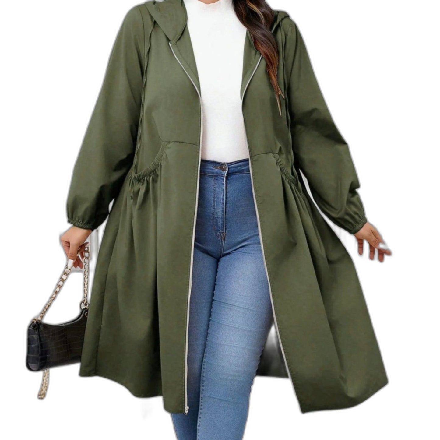 Effortless Navy Trench Coat for Women with Collared Long Sleeve Belted Drawstring Zip Up Casual Style