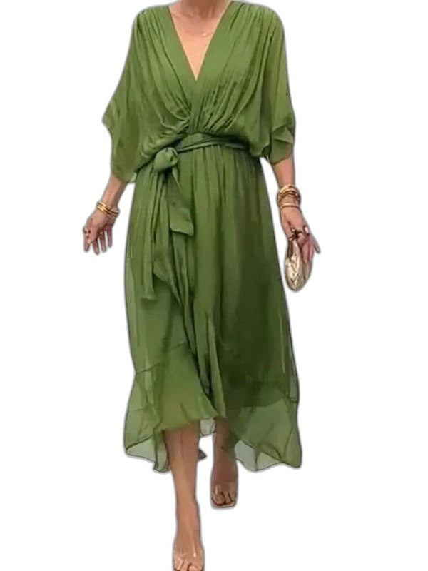 Effortless Olive Chiffon Midi Dress for Women with V Neck Elbow Sleeve Wrap Belted Flowing Casual Style
