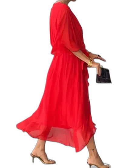 Effortless Olive Chiffon Midi Dress for Women with V Neck Elbow Sleeve Wrap Belted Flowing Casual Style