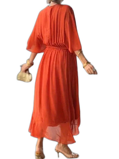 Effortless Olive Chiffon Midi Dress for Women with V Neck Elbow Sleeve Wrap Belted Flowing Casual Style