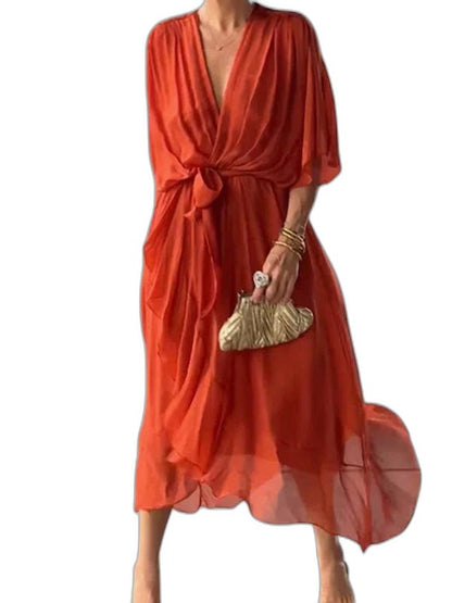 Effortless Olive Chiffon Midi Dress for Women with V Neck Elbow Sleeve Wrap Belted Flowing Casual Style