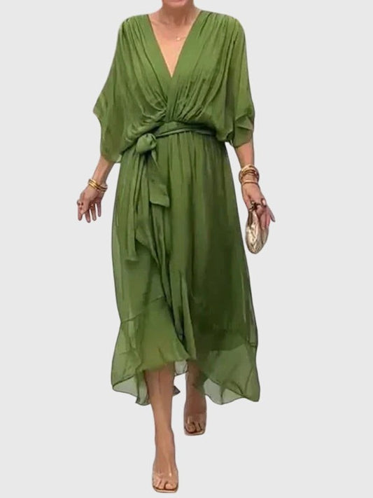 Effortless Olive Chiffon Midi Dress for Women with V Neck Elbow Sleeve Wrap Belted Flowing Casual Style