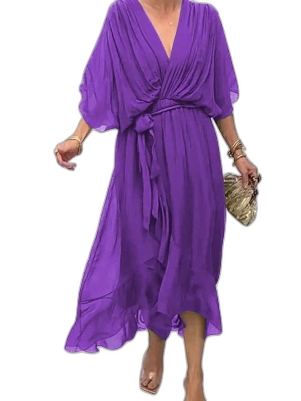 Effortless Olive Chiffon Midi Dress for Women with V Neck Elbow Sleeve Wrap Belted Flowing Casual Style