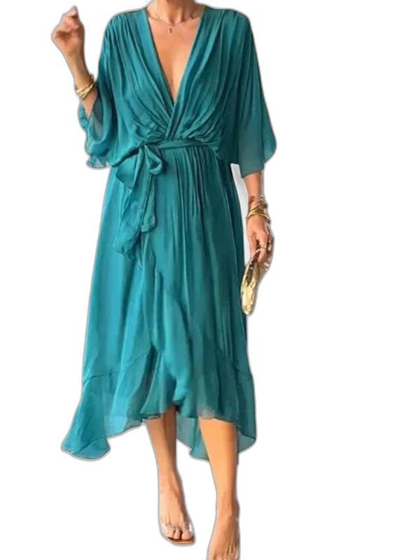 Effortless Olive Chiffon Midi Dress for Women with V Neck Elbow Sleeve Wrap Belted Flowing Casual Style