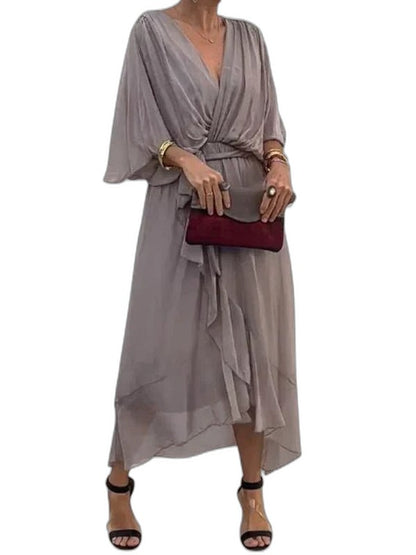 Effortless Olive Chiffon Midi Dress for Women with V Neck Elbow Sleeve Wrap Belted Flowing Casual Style