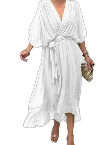 Effortless Olive Chiffon Midi Dress for Women with V Neck Elbow Sleeve Wrap Belted Flowing Casual Style