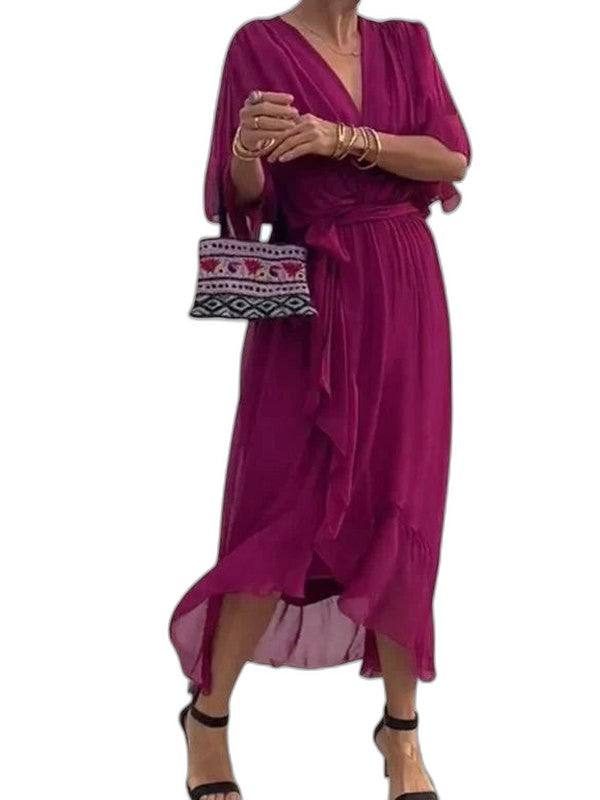 Effortless Olive Chiffon Midi Dress for Women with V Neck Elbow Sleeve Wrap Belted Flowing Casual Style