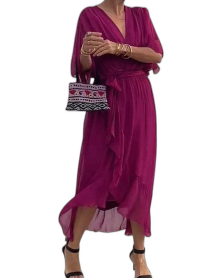 Effortless Olive Chiffon Midi Dress for Women with V Neck Elbow Sleeve Wrap Belted Flowing Casual Style