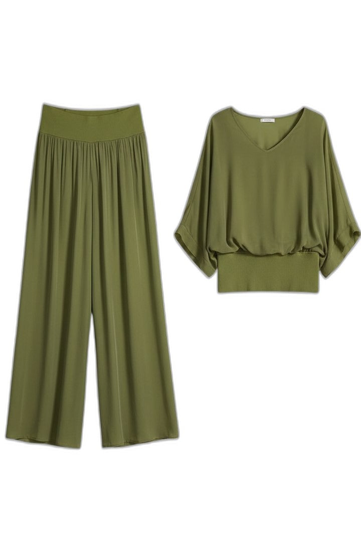 Effortless Olive Chiffon Two Piece Set for Women with Wide Leg Casual Style