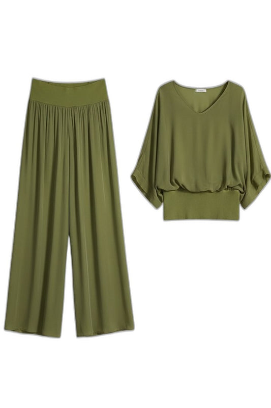 Effortless Olive Chiffon Two Piece Set for Women with Wide Leg Casual Style
