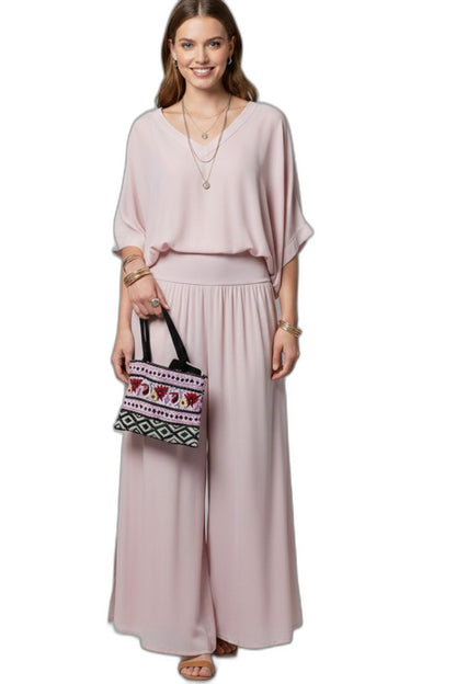 Effortless Olive Chiffon Two Piece Set for Women with Wide Leg Casual Style