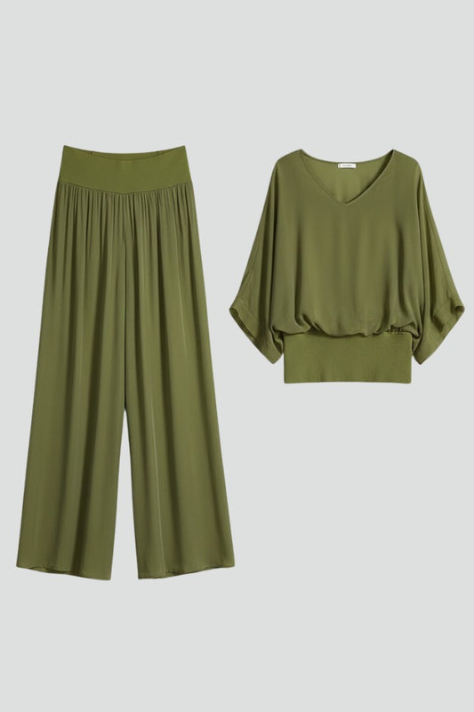 Effortless Olive Chiffon Two Piece Set for Women with Wide Leg Casual Style