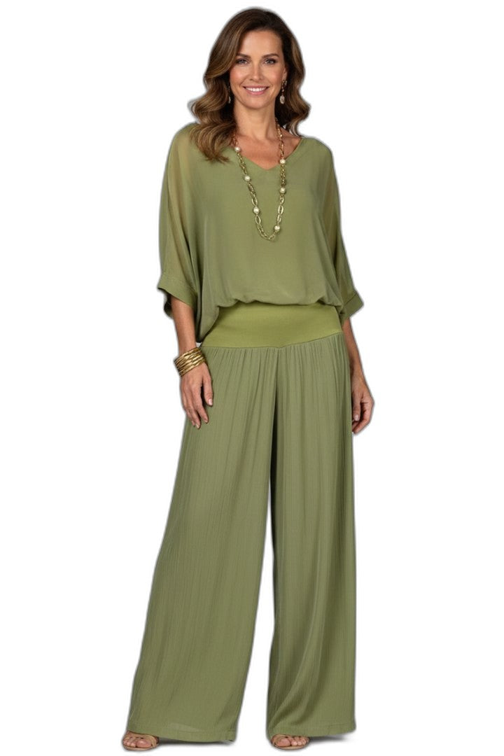 Effortless Olive Chiffon Two Piece Set for Women with Wide Leg Casual Style
