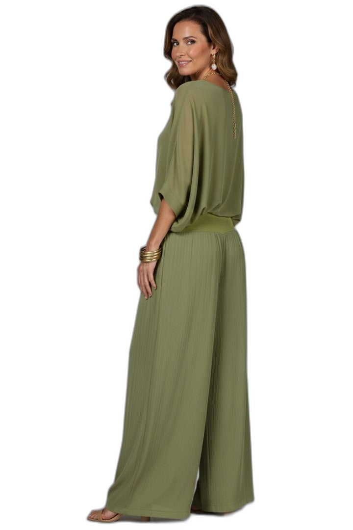 Effortless Olive Chiffon Two Piece Set for Women with Wide Leg Casual Style