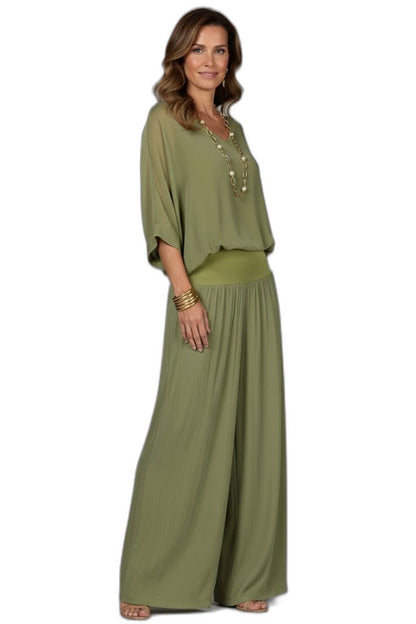 Effortless Olive Chiffon Two Piece Set for Women with Wide Leg Casual Style