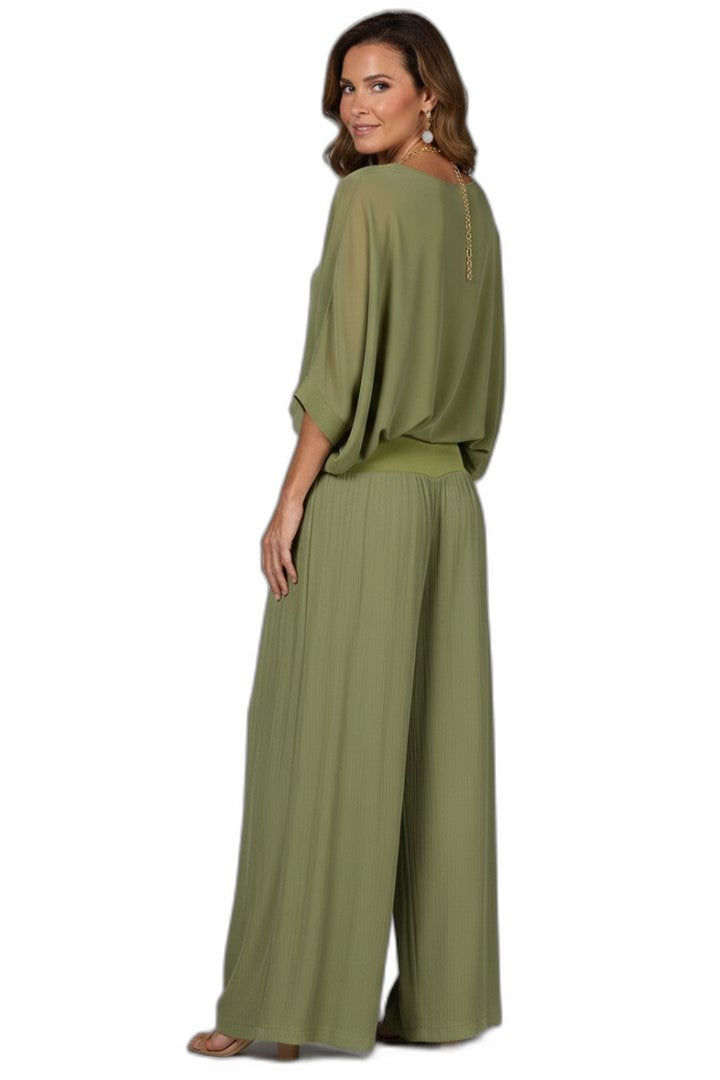 Effortless Olive Chiffon Two Piece Set for Women with Wide Leg Casual Style
