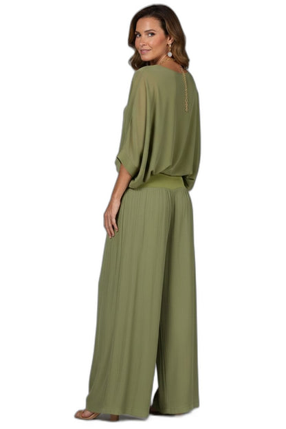 Effortless Olive Chiffon Two Piece Set for Women with Wide Leg Casual Style