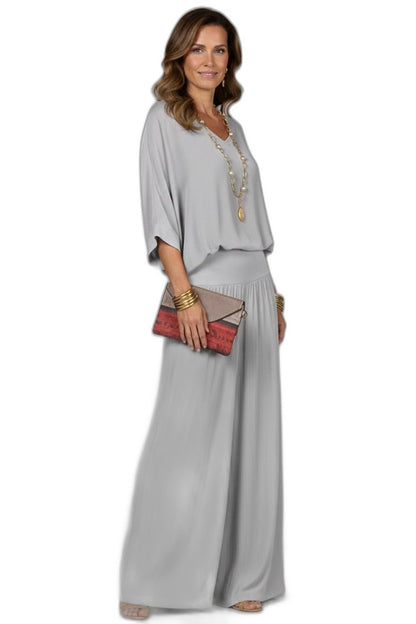 Effortless Olive Chiffon Two Piece Set for Women with Wide Leg Casual Style