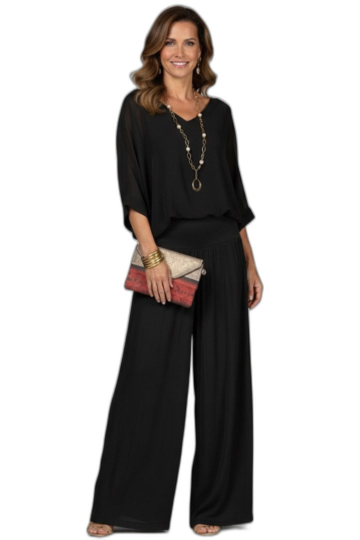 Effortless Olive Chiffon Two Piece Set for Women with Wide Leg Casual Style