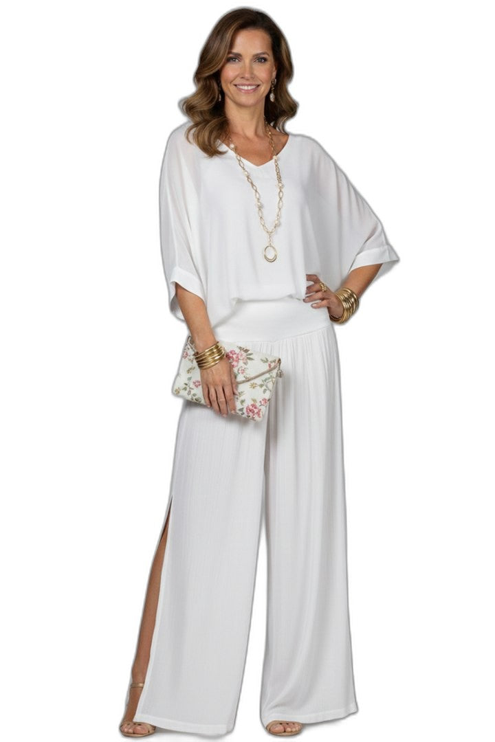 Effortless Olive Chiffon Two Piece Set for Women with Wide Leg Casual Style