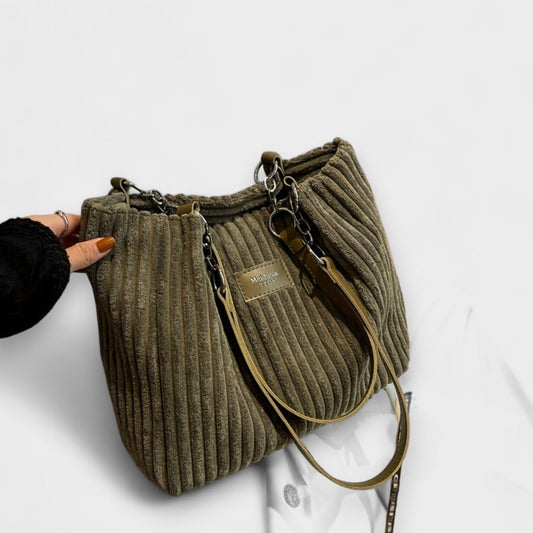 Effortless Olive Corduroy Tote Bag for Women with Chain Strap Shoulder Casual Style